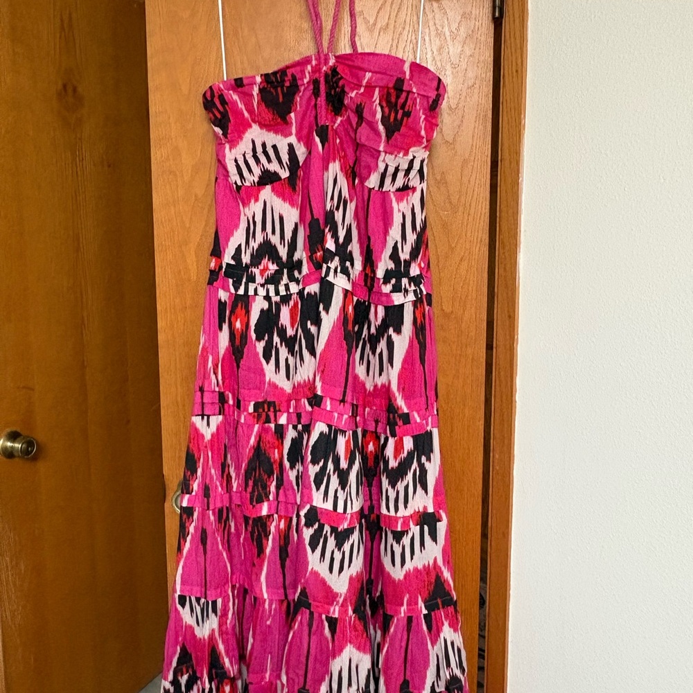 NWT Ro’s Garden Denise halter pink Ikat maxi dress with elastic back Large - Picture 3 of 8